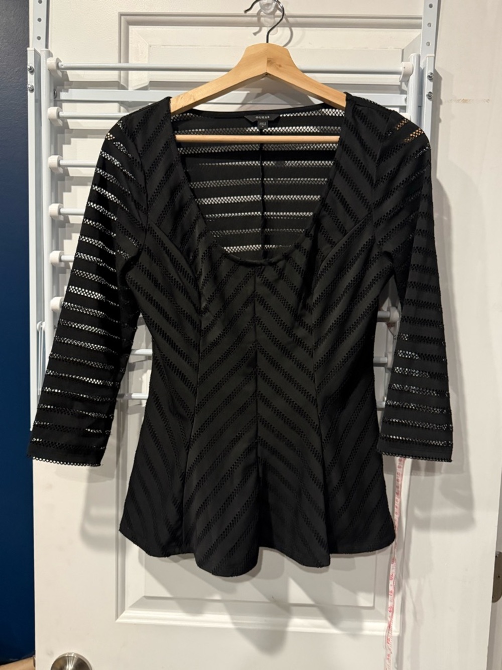 Guess Black Scoop Neck Sheer Stripe Tunic